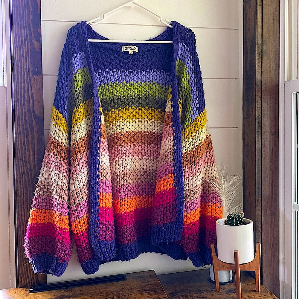 ✨ RAINBOW STRIPED BALLOON SLEEVE OPEN FRONT CHUNKY HAND KNIT CARDIGAN ✨
